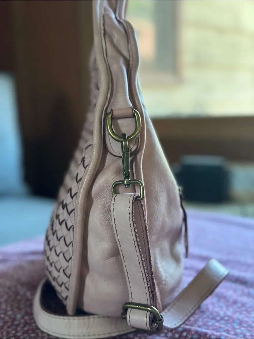 Sundance Telluride leather Woven Hobo Bag in Blush pink